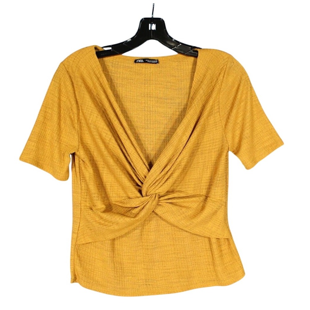 ZARA Lightweight RIBBED KNIT Golden Yellow TWISTED FRONT Cropped BLOUSE/TOP Sz M